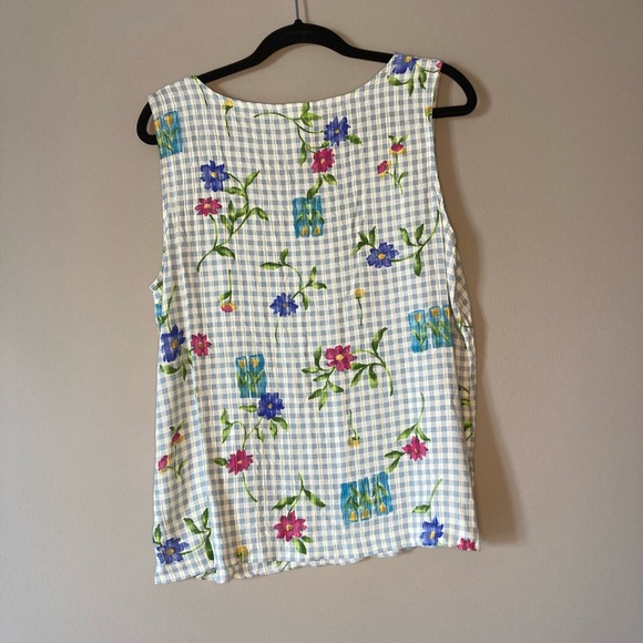 Graver Studios Blue Gingham Floral L summer Blouse Cool  Fun Made In USA - Picture 3 of 4